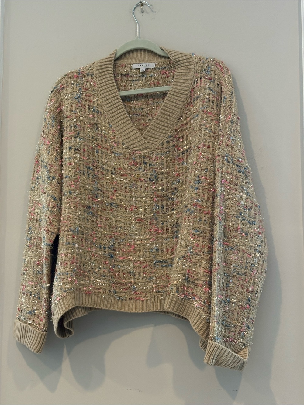 FAVLUX Beige Tweed V-Neck Sweater with Multicolor Flecks